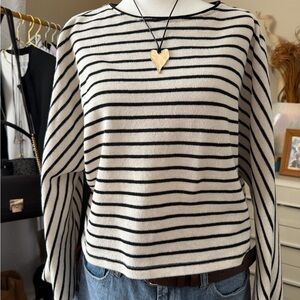 Zara Black and Cream Striped Knit Top